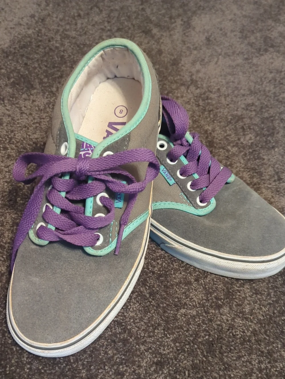 Vans Women's Gray Suede Sneakers with Purple Laces and Mint Trim